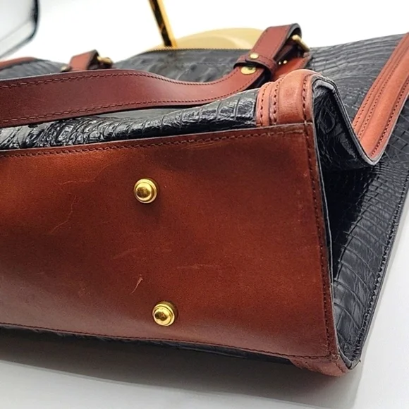 BRAHMIN Black Croc Embossed Crox Leather Shopper's Tote Cognac Leather Strap - Picture 15 of 15